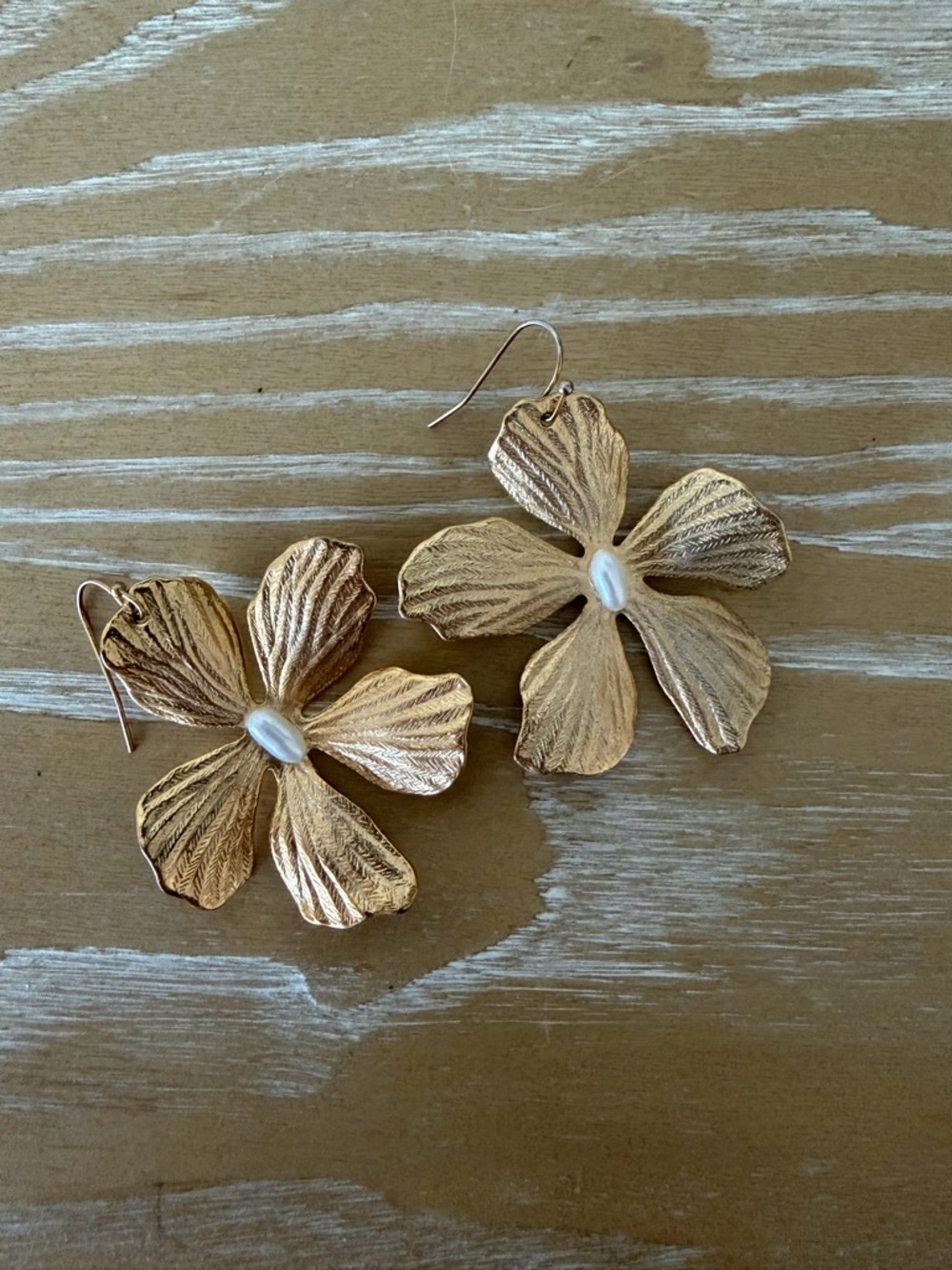 Anthropologie Gold Floral Drop Earrings with Pearl Accent
